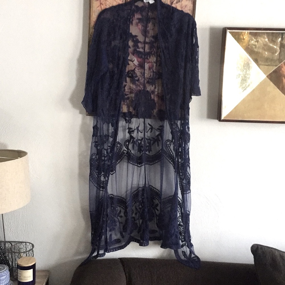 LF STRETCH BOHO ETHEREAL FLORAL EMBROIDERED KIMONO DUSTER JACKER SHAWL S